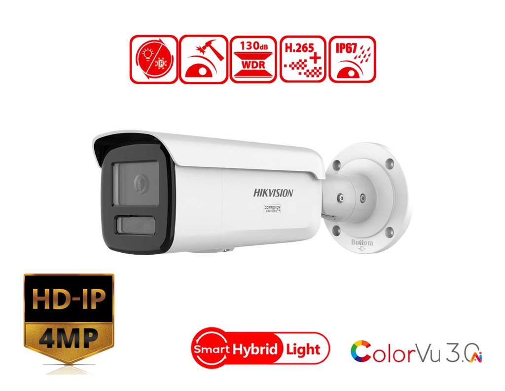 DS-2CD2T47G3-LIY(2.8mm) - Hikvision 4 MP Smart Hybrid Light with ColorVu Fixed Bullet Network Camera
