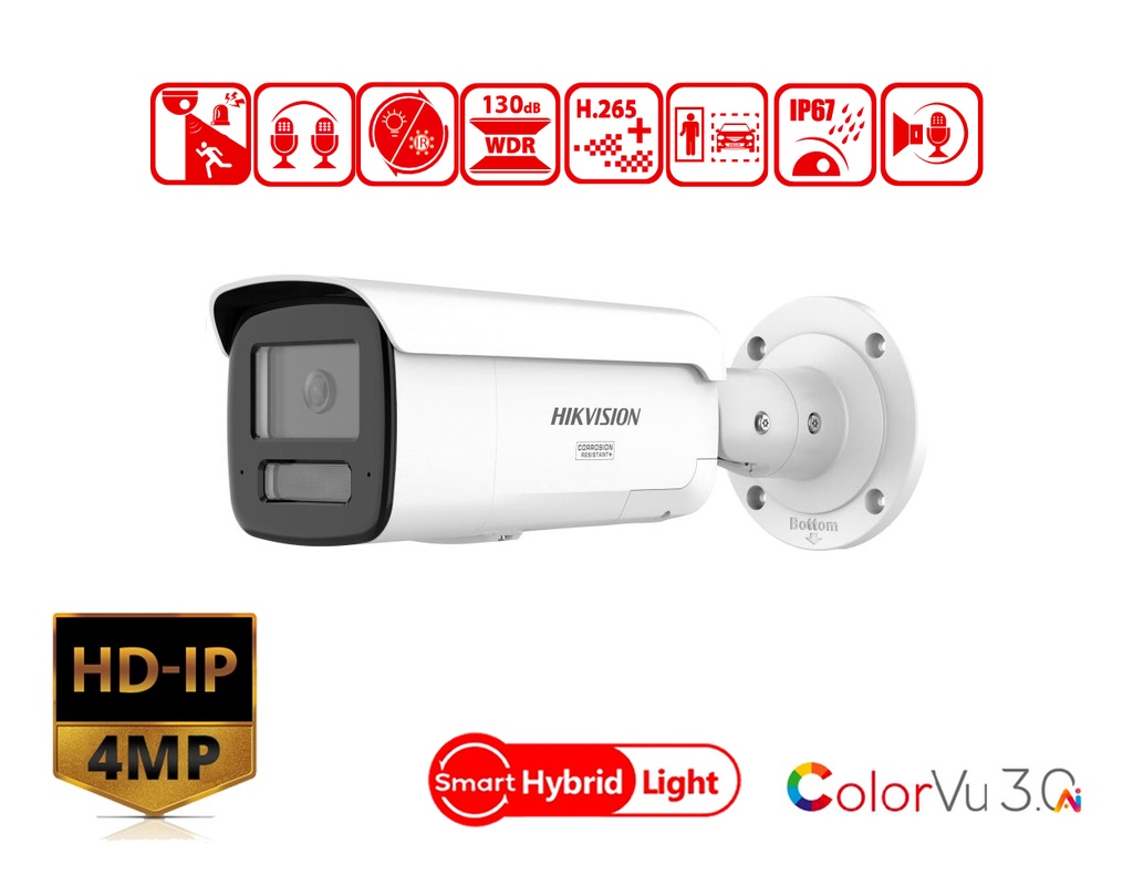 DS-2CD2T47G3-LIS2UY/SL(2.8mm) - Hikvision 4 MP Smart Hybrid Light with ColorVu Fixed Bullet Network Camera