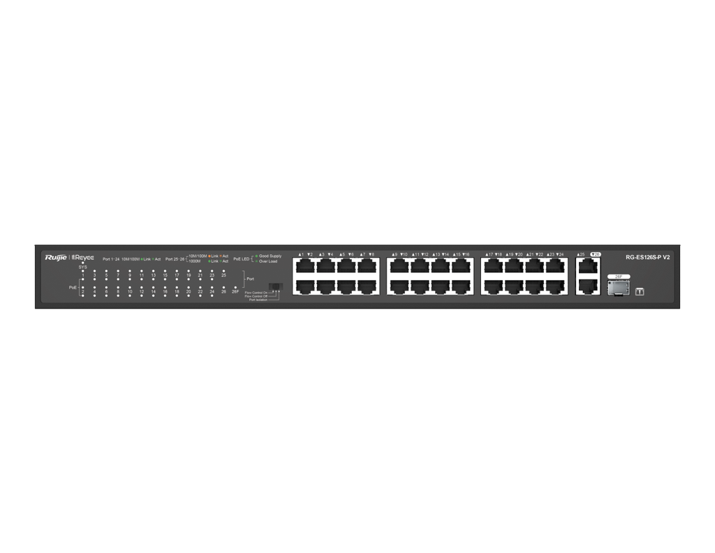 [RG-ES126S-P V2] RG-ES126S-P V2 - Ruijie 24-Port 10/100 Mbps with 2-Port Gigabit Rackmount PoE Switch