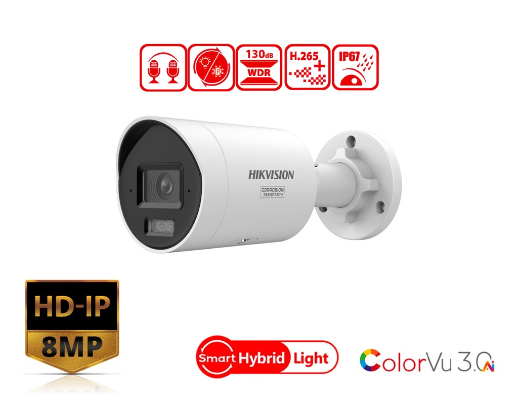 DS-2CD2087G3-LI2UY(2.8mm) - Hikvision 8 MP Smart Hybrid Light with ColorVu Fixed Mini Bullet Network Camera