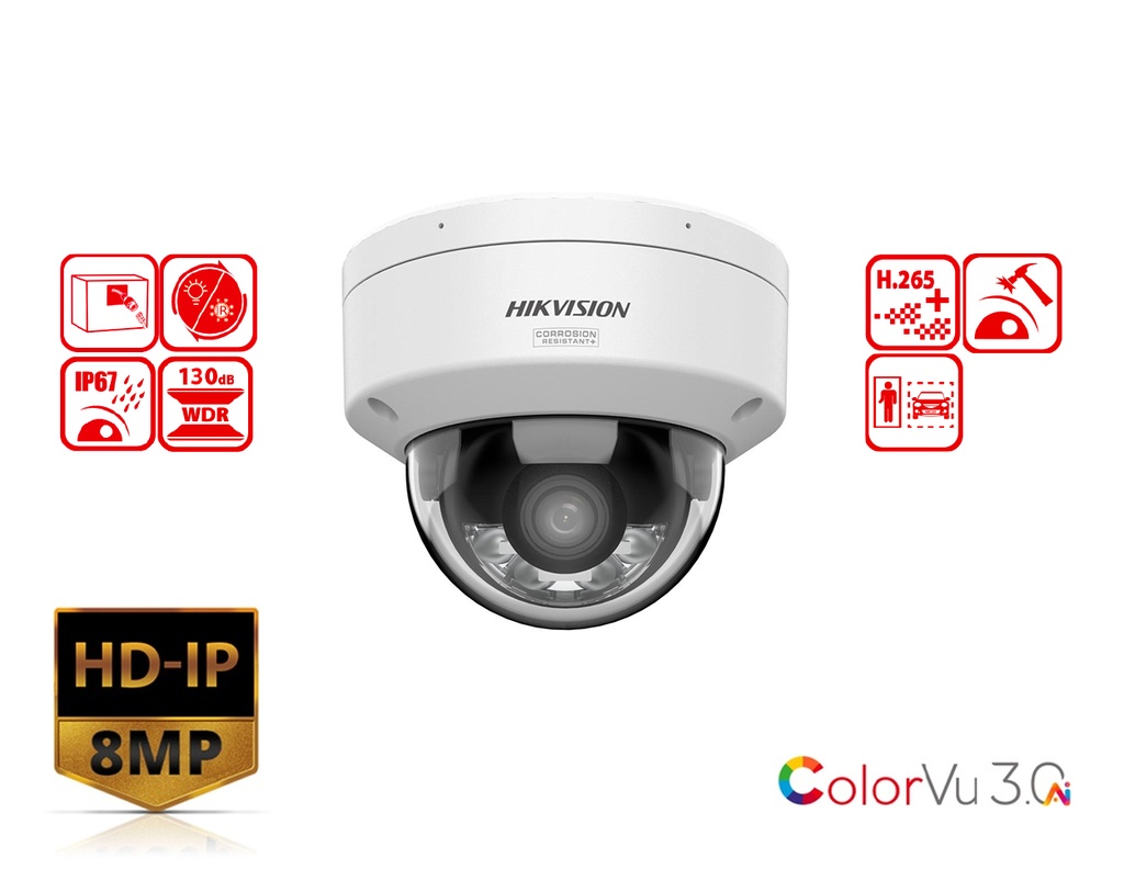 DS-2CD2187G3-LI(S2U)Y - Hikvision 8 MP Smart Hybrid Light with ColorVu Fixed Mini Dome Network Camera