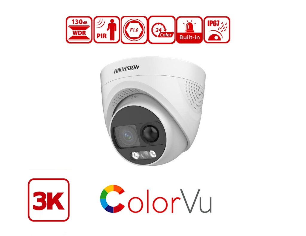 DS-2CE72KF3T-PIRXO(2.8MM) - Hikvision 3K ColorVu PIR Siren Fixed Turret Camera
