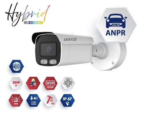 [SRPBNC5VFLAIW] SRPBNC5VFLAIW - Serage White Hybrid ANPR 5MP 5 - 50mm Lens Premium Bullet Camera